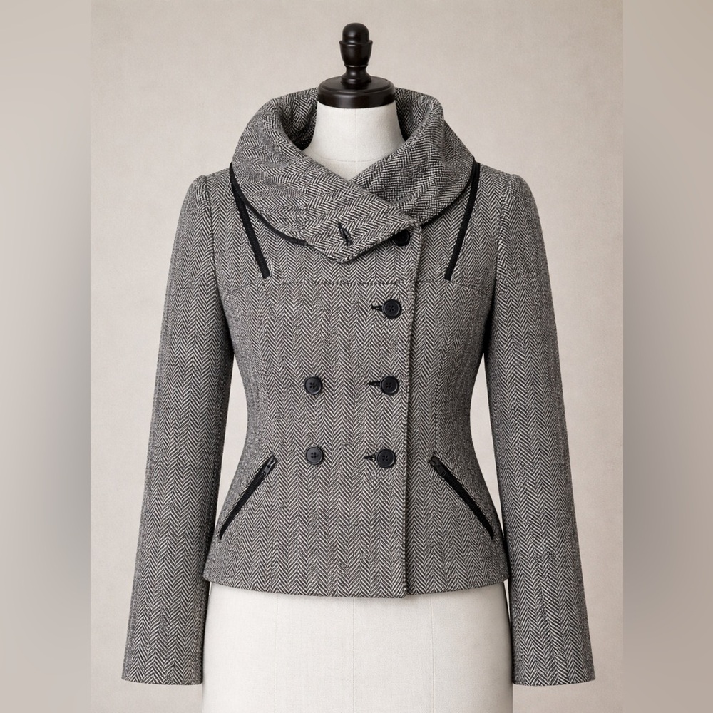 Gray Wool Blend Herringbone Cropped Blazer | Tailored Fit | Size S